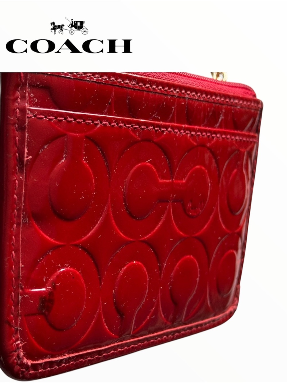 🛍️SALE🛍️ Coach Red Shiny Patent Leather Key Ring Zipper Card Wristlet / Wallet - Picture 7 of 7
